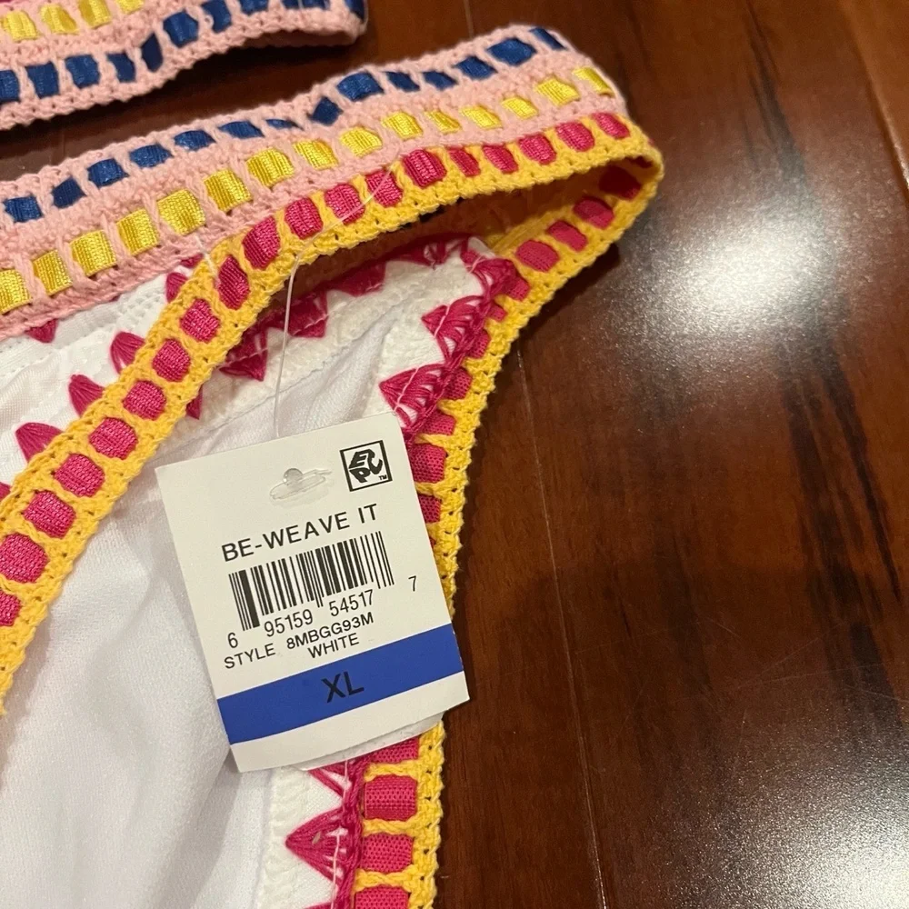 New NWT Bar III Crochet White Bikini Swim Two Piece Set One-Shoulder Multi Sz XL